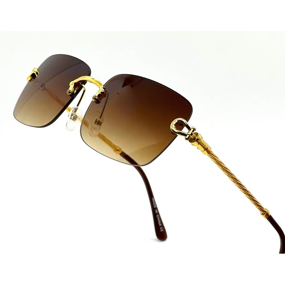 Mens Square Sunglasses Gold Twisted Metal Frame Brown‎ Gradient  Classy Shades